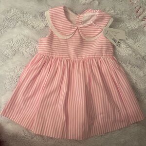 NWT Jacadi Paris Organic Cotton pink and white stripe dress Peter Pan collar